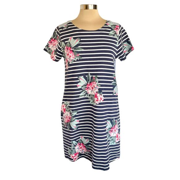 Joules Imelda Jersey Woven Mix Dress Blue Floral Stripe Size 10 Coastal Casual - Picture 3 of 12